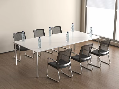 Long White Conference Table With Black Chairs And Water Bottles In Modern Office 3d model
