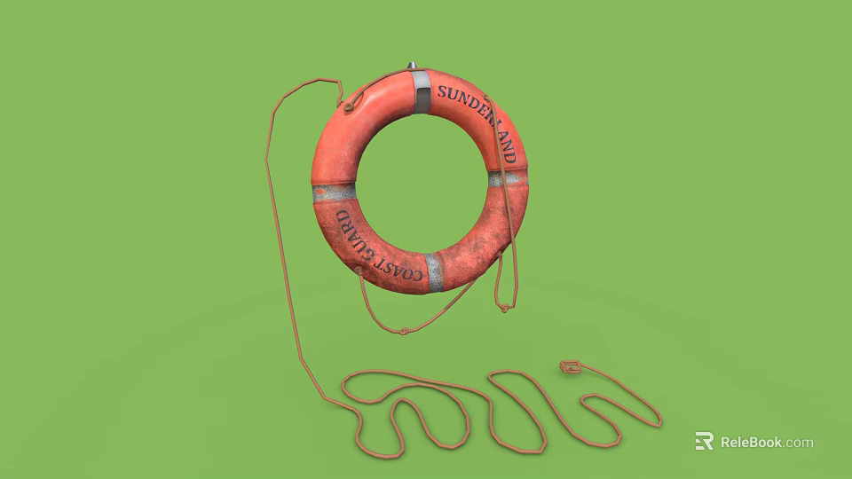 Orange Standard Life Lifebuoy With Hanging Rope On Green Background 3d model 