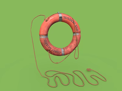 Orange Standard Life Lifebuoy With Hanging Rope On Green Background 3d model
