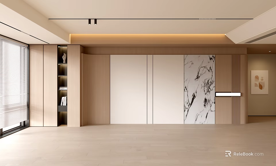 Modern Living Room Interior With Wooden Walls Marble Accent Built in Shelves And Open Design 3d model 