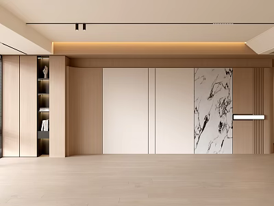 Modern Living Room Interior With Wooden Walls Marble Accent Built in Shelves And Open Design 3d model