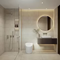 Modern Bathroom Interior With Backlit Round Mirror Floating Sink And Shower Area 3d model