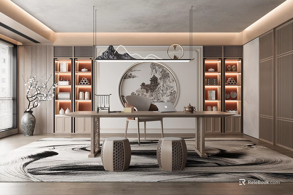 Traditional Tea Room Interior Design With Wooden Furniture And Landscape Paintings 3d model 