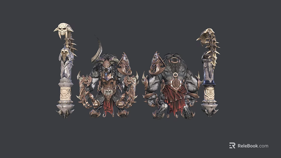 Dark Fantasy Warrior Characters With Intricate Spiked Armor Weapons And Decorative Pillars 3d model 