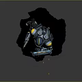 Blue And Yellow Robot With Box Shaped Body Holding Weapon Standing On Black Base