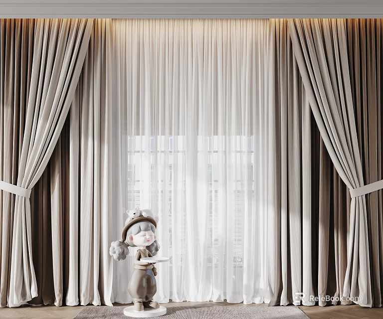 Elegant Beige Thick And Sheer Curtains With Tiebacks For Window Decoration 3d model 