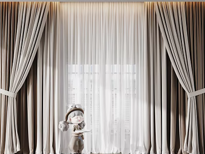 Elegant Beige Thick And Sheer Curtains With Tiebacks For Window Decoration 3d model
