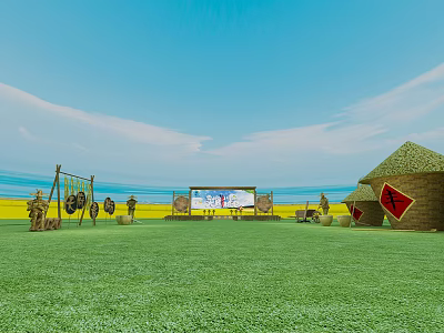 Outdoor Archery Experience Site With Green Lawn Swing Targets Tents And Blue Sky 3d model