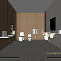 Modern Public Restroom Interior With Golden Walls Toilets Sinks And Handrails