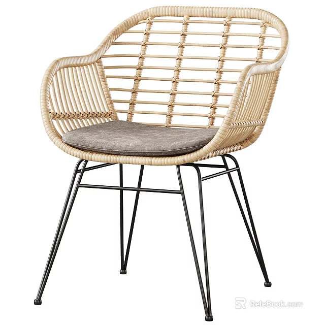 Stylish Rattan Leisure Chair With Gray Cushion And Black Metal Legs Design 3d model 