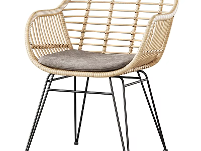 Stylish Rattan Leisure Chair With Gray Cushion And Black Metal Legs Design 3d model