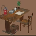 Vintage Wooden Desk With Chair Table Lamp Red Box Silver Box And Potted Plant