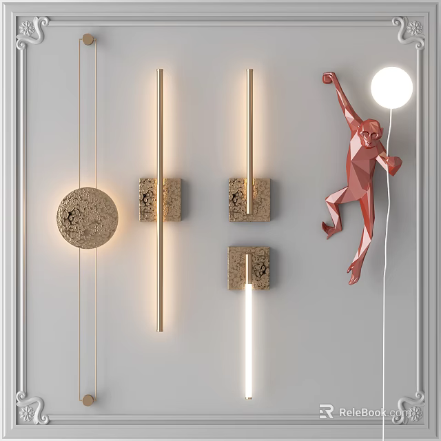 Modern Wall Lamps With Artistic Shapes Gold Metal Marble Texture And Unique Monkey Design 3d model 