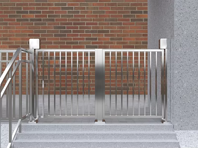 Stainless Steel Entrance Gate With Red Brick Wall Railing And Steps 3d model