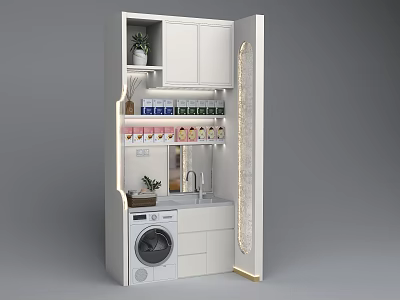 Modern White Display Cabinet Shelf With Built in Washing Machine Storage Shelves And Plants 3d model