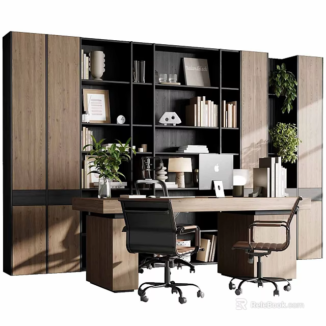 Modern Wooden Bookshelf With Open Design Books Decorations And Green Plants In Home Office 3d model 