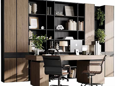 Modern Wooden Bookshelf With Open Design Books Decorations And Green Plants In Home Office 3d model