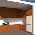 Traditional Dark Wood Kitchen Cabinets With Black Countertop Sink Stove And Refrigerator