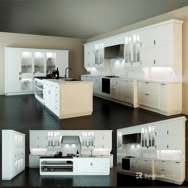 Modern Kitchen Interior With White Cabinets Island Counter And Lighting 3d model