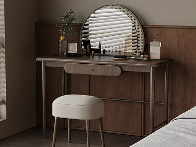 Wooden Vanity Table Setup with Round Mirror Blinds Potted Plant and White Cushioned Stool 3d model