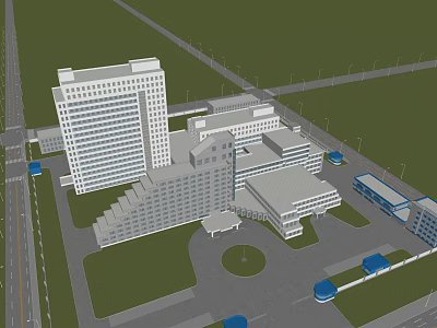 Modern Building Complex With High Rise Low Rise Structures Circular Plaza Roads And Green Areas 3d model