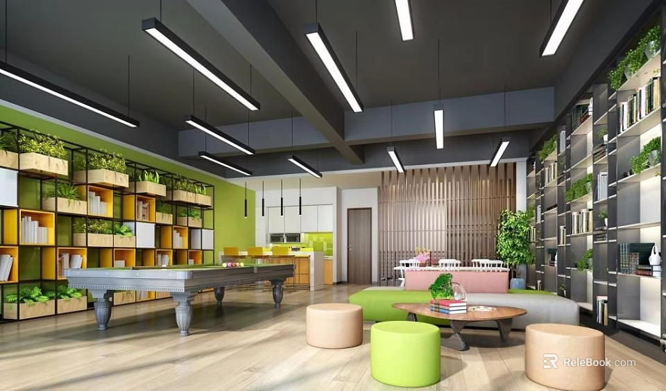 Modern Lounge Area With Pool Table Sofa Colorful Ottomans Green Plants And Hanging Lights 3d model 