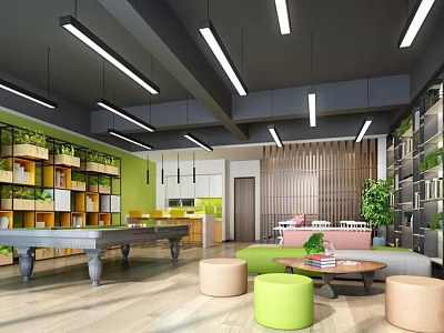 Modern Lounge Area With Pool Table Sofa Colorful Ottomans Green Plants And Hanging Lights 3d model