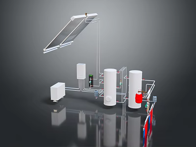 Solar Water Heating System Configuration With Solar Panel Storage Tanks Pipes And Control Devices 3d model