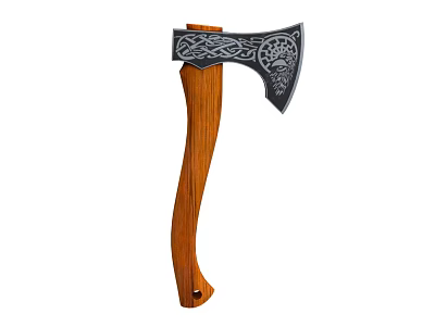 Vintage Axe Featuring Wooden Handle And Carved Patterns As Traditional Weapon 3d model