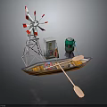 Modern Decorative Model Scene With Windmill Boat Small House Green Barrel And Paddle