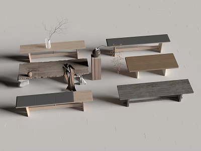 Various Modern Wooden Benches With Gray Countertops And Decorative Ornaments 3d model