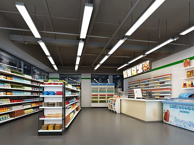 Bright Supermarket Interior With Well Stocked Shelves Checkout Counter Refrigerated Displays And Products 3d model