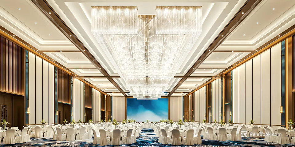 Modern Elegant Banquet Hall Interior With Crystal Chandelier White Seating Arrangement And LED Screen 3d model 