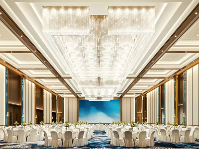 Modern Elegant Banquet Hall Interior With Crystal Chandelier White Seating Arrangement And LED Screen 3d model