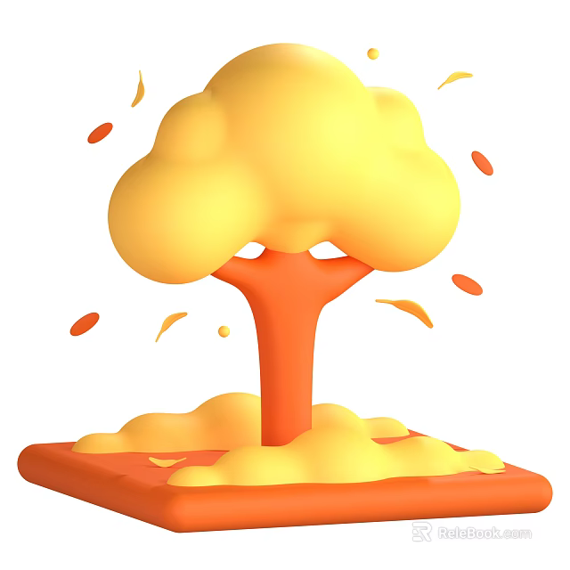 Man Standing Near Yellow Cloud Tree With Orange Trunk And Falling Leaves 3d model 