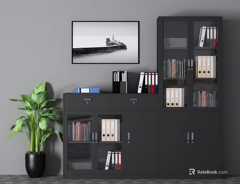 Black Bookcase With Glass Doors Binders Books Green Plant And Wall 3d model 