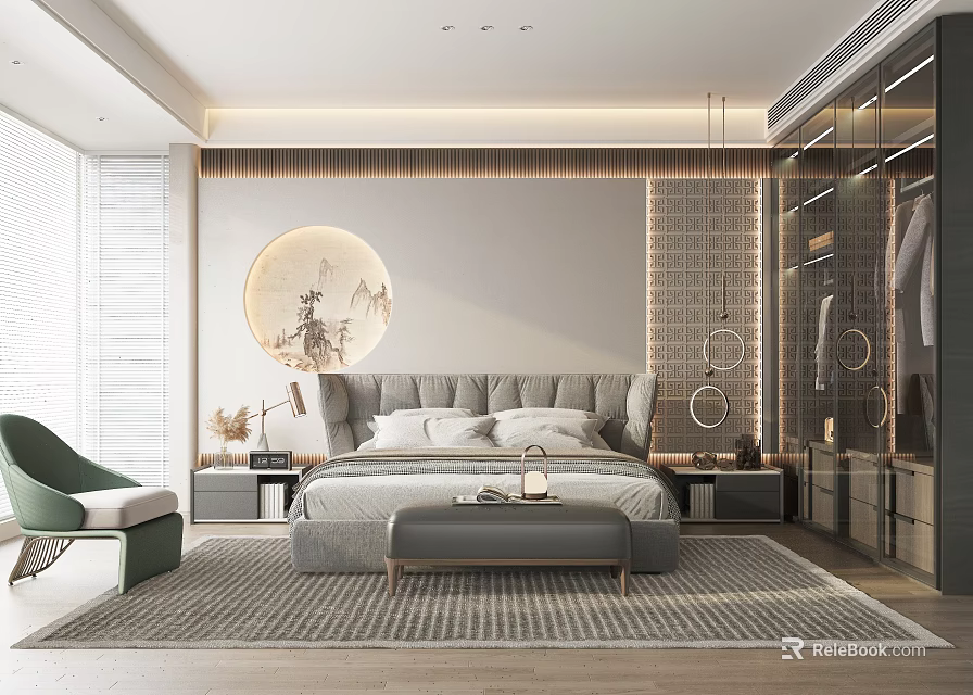 Modern Bedroom Interior With King Size Bed Round Decorative Painting Green Chair And Built In Wardrobe 3d model 