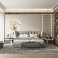 Modern Bedroom Interior With King Size Bed Round Decorative Painting Green Chair And Built In Wardrobe