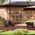 Chinese Style Courtyard Garden Featuring Wooden Structure Tile Roof Lattice Doors Stone Path And Greenery