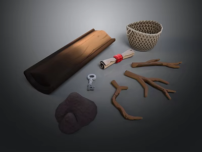 Natural Home Living Essentials With Wooden Tray Woven Basket And Decorative Branches 3d model