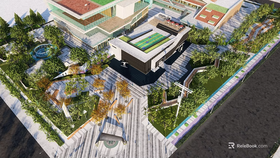 Modern Residential Landscape Featuring Green Roofs Trees Walkways And Recreational Areas 3d model 