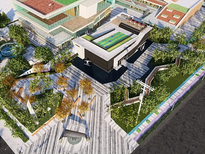 Modern Residential Landscape Featuring Green Roofs Trees Walkways And Recreational Areas 3d model