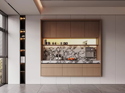 Modern Wooden Tea Cabinet With Marble Countertop And Built In Lighting 3d model