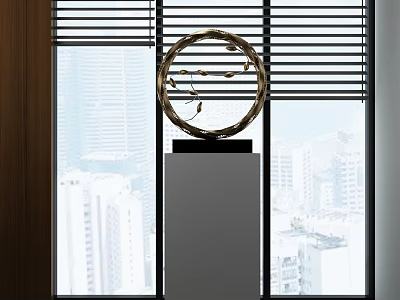 Golden Circular Decorative Ornament Set on White Pedestal by Window with Blinds and City View 3d model
