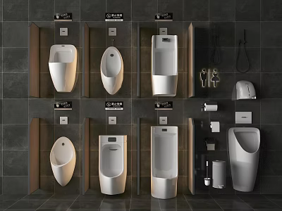 Contemporary Urinal Setup In Dark Bathroom With Multiple Units Hooks And Accessories 3d model