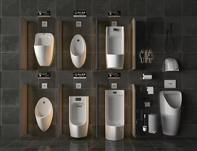 Contemporary Urinal Setup In Dark Bathroom With Multiple Units Hooks And Accessories 3d model