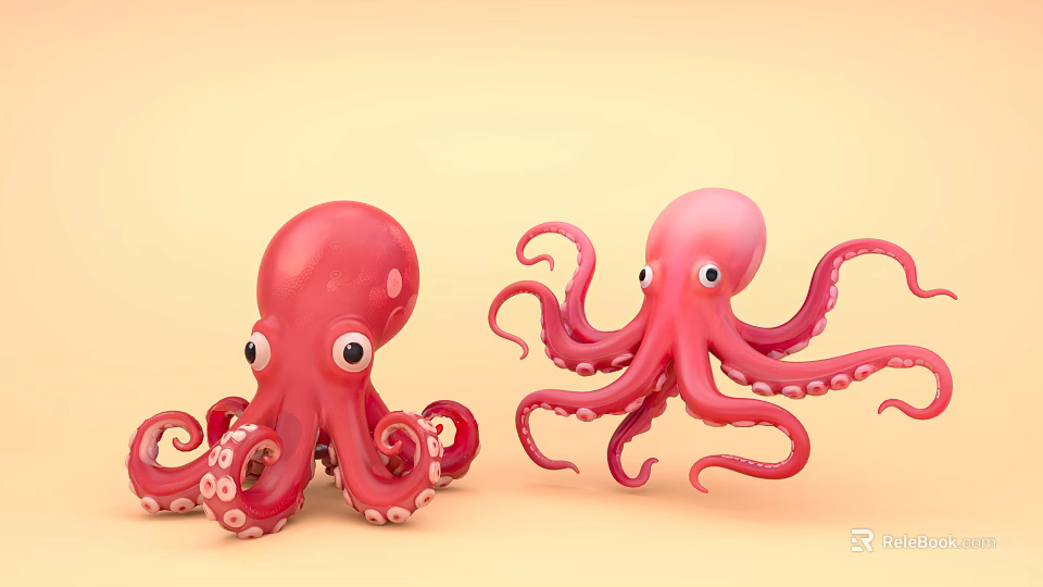 Two Pink Octopuses With Curled Tentacles On Light Orange Background 3d model