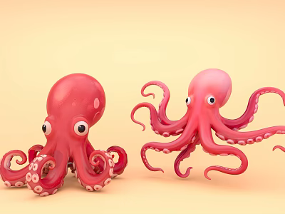 Two Pink Octopuses With Curled Tentacles On Light Orange Background 3d model