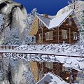 Stunning Snowy Winter Night Landscape With Warm Lit Log Cabin Beside Calm Lake In Forest
