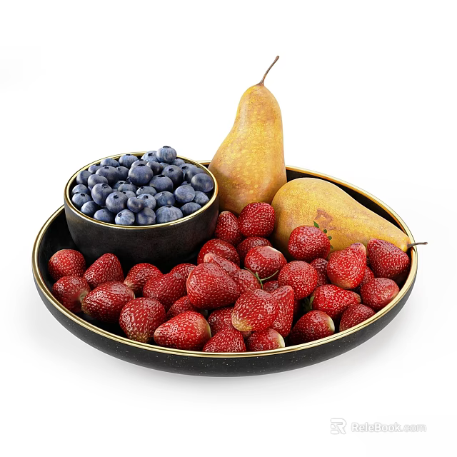 Fresh Strawberries Pears And Blueberries In Black Bowl On Black Plate 3d model 